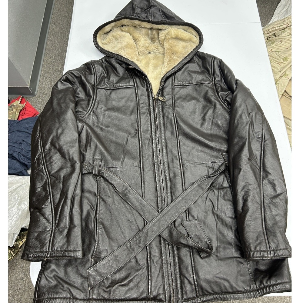 Unbranded Leather Parka Jacket Mens Large Brown Faux Fur Lined Hooded Belted